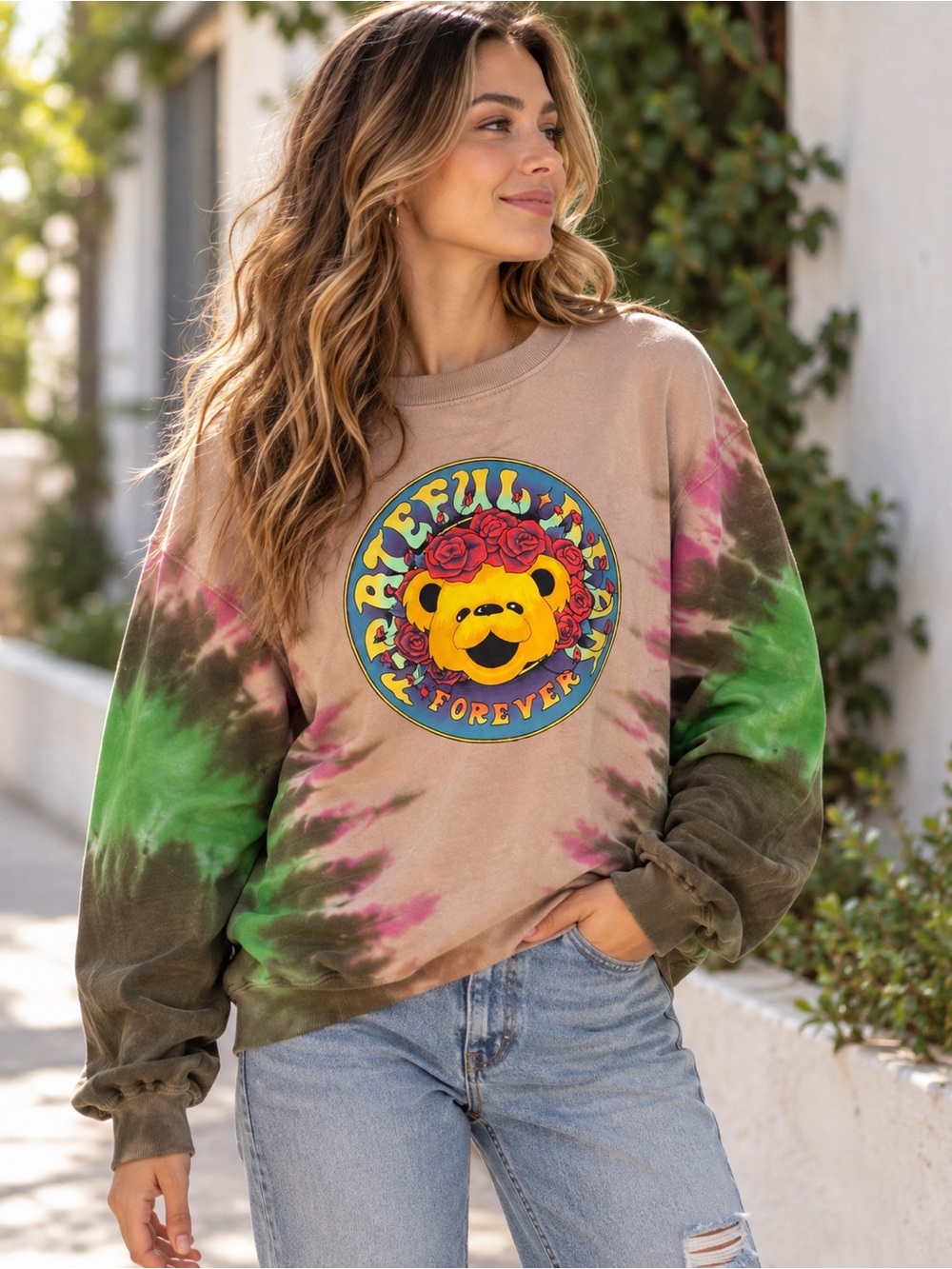 Grateful Dead Tie-Dye Bear Crewneck Sweatshirt - Beige Green Pink